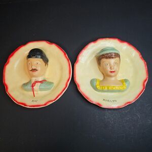 Vtg 1960s Pair Man Woman Sculpture Bust Wall Hanging Plate Kitschy 3D Ceramic 9"